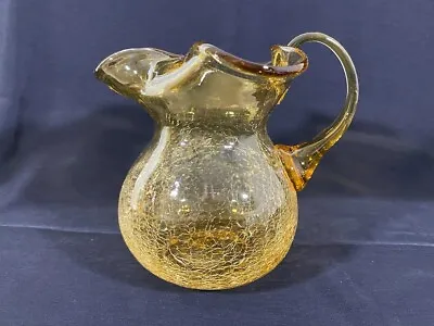 Buy Crackle Glass Yellow Pitcher Rare Blown Glass Ruffle Top - 5.5 Inches • 14.16£