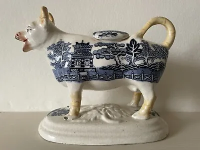 Buy Staffordshire Cow Creamer Lidded Blue, Cream & White Willow Pattern 19c Antique • 35£
