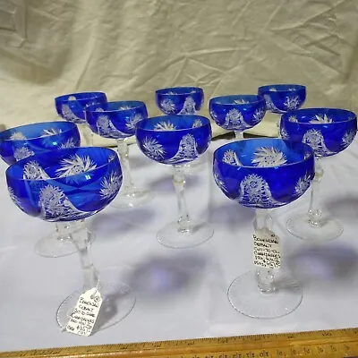 Buy Pre WWII Bohemian Cobalt Cut To Clear Nachtmann Traube  Style Champagne Glasses  • 324.62£