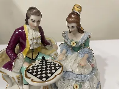 Buy Frankenthal Dresden,Lace, Porcelain Couple Playing Chess Figurine Germany READ. • 132.61£