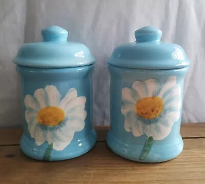 Buy Lavori Artigianali Vintage Genuine Italian Pottery 2 Blue Jars With Daisy Floral • 29.99£