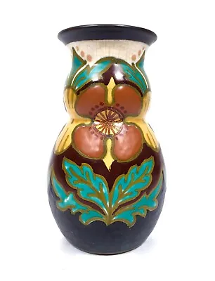 Buy Antique Gouda Pottery Jug / Vase / Art Deco / Brown Yellow Green / 1920's  • 49£