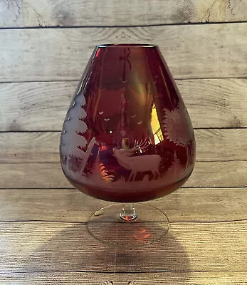 Buy Vintage Bohemian Glass Brandy Snifter Cranberry Etched Elk Geese Trees 10” • 46.98£