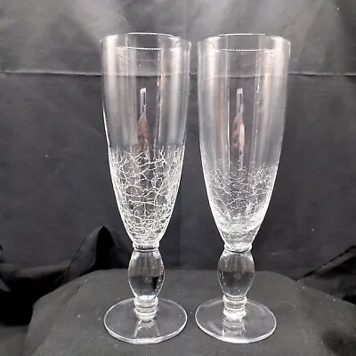 Buy 2 Pier One Crackle Glass Bulb Stem Fluted Champagne Glasses 2006 • 29.17£