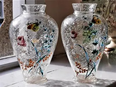 Buy Rare Pair Of Art Nouveau Moser Hand Enamelled Crackle Vases Flowers & Butterfly • 279.99£