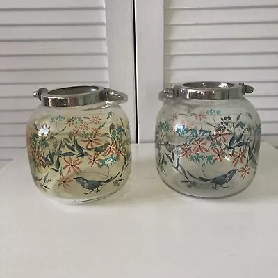 Buy Vintage Hand Painted Tea Light Candle Holder Glass Pair Birds Flowers Glass • 8.99£