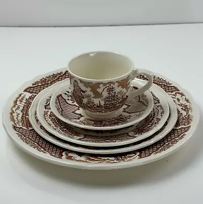 Buy Alfred Meakin Fair Winds Brown & White Vintage Five Piece Place Setting England • 36.68£