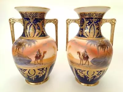 Buy Pair Of Noritake Vases With Camel Desert Scenes & Gold Beaded Gilding • 55£