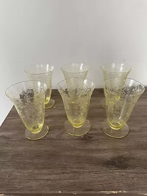 Buy Set Of 6 Cambridge Apple Blossom Etched  Vaseline Glass Footed Tumbler Glows! • 142.31£