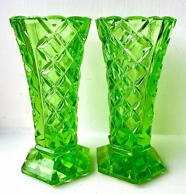 Buy Antique Pair Of Art Deco Czech Emerald Green Glass Bud Vases • 45£