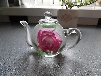 Buy Vintage Teapot Shaped Glass Paperweight....Pink Flower. • 10£