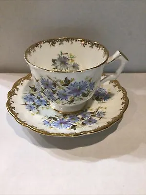 Buy Gorgeous Vintage Aynsley Blue Flowers White & Gold Teacup & Saucer Set England • 43.23£