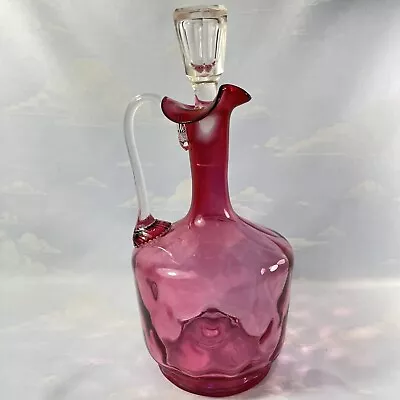 Buy Art Glass Cranberry Coin Dot Thumbprint Decanter 7” W/ Stopper 9” Has Issues • 12.31£