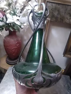 Buy Art Nouveau Osiris Green Glass Pewter  Vase 31cm Tiny  Tiny Chip To Glass  On  • 420£