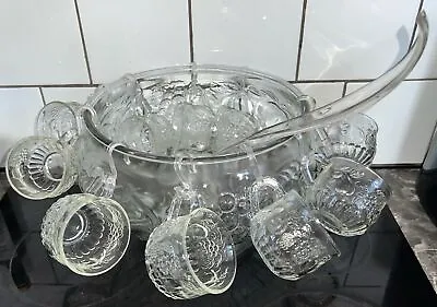 Buy Vintage Jeanette Pressed Glass Embossed Fruit Motif Punch Bowl 12 Cups And Hooks • 20£