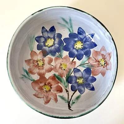 Buy Hand Painted Studio Pottery Bowl Floral Flowers Blue Cornwall Country Lane • 19.95£