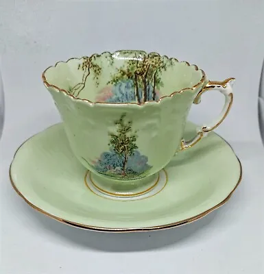 Buy Vintage Aynsley Tea Cup  And Saucer  Bone China  Pale Green Forest Scenery  • 39£