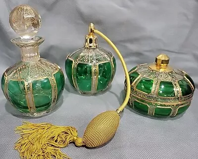 Buy Antique Bohemian Moser Green Cabochon & Gold Perfume Vanity Set Gorgeous  • 426.24£