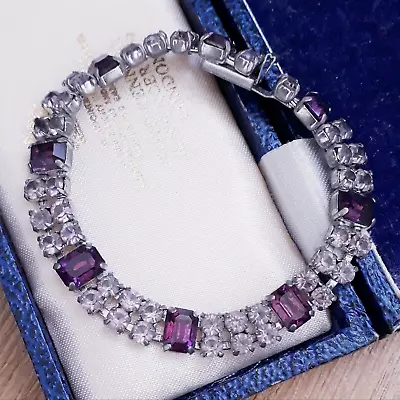 Buy Vintage Art Deco Sparkling Glass Amethyst Princess-cut Stone Cocktail Bracelet • 15.99£