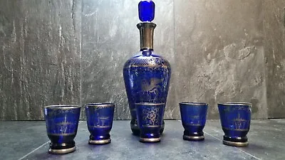 Buy Fab Venetian Gondola Themed Cobalt Blue & Gilt Glass Decanter & 5 Shot Glasses • 50£