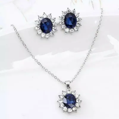 Buy Princess Royal Crystal Pendant Blue Stud Earrings Necklace Wedding Set  • 5.99£