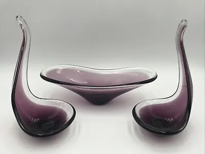 Buy Swedish Ryd Glasbruk Amethyst Art Glass 3 Piece Set Table Centerpiece Bowl Vases • 96.37£