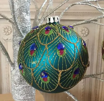 Buy Gisela Graham Peacock Collection Feather Glass Baubles Vintage Glitter Christmas • 5.29£