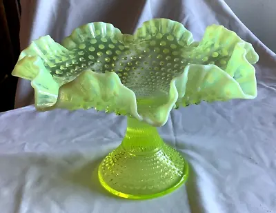 Buy Large Vintage Fenton Yellow Topaz Ruffled Hobnail Glowing Irridescent Compote • 180.18£