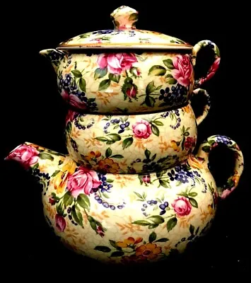 Buy  James Kent Stacked Teapot 'Tea For 1’ Set Chintz Pattern Yellow Base - Flawless • 308.34£
