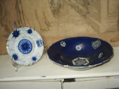 Buy J.K.L. FENTON OSAKA BLUE & GOLD LARGE BOWL + Small Wall Plate White With Blue • 6.80£