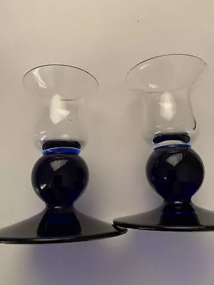 Buy Vintage 4  Tall Cobalt Blue And Clear Glass Candle Holders • 47.77£