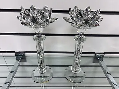 Buy Set Of 2 Crushed Diamond Glass Candle Holder Crystal Filled Silver Lotus Romany • 24.99£
