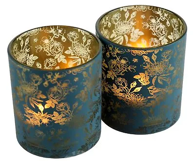 Buy Ornate Floral Glass Votive Tea Light Candle Holders - Dark Teal Blue  - Set Of 2 • 9.99£