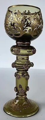 Buy Antique Bohemian Moser Style ART GLASS Enameled Wine Goblet Green Gilt Czech • 216.95£