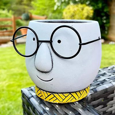 Buy Cement Face Planter With Glasses White Garden Human Head Plant Pot With Drainage • 13£