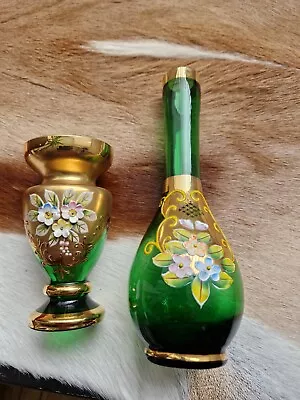 Buy 2x Czech Bohemian Green Glass Bud Vases Painted Floral Enamel & 24ct Gold Gilded • 20£