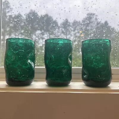 Buy Vtg Blenko Handblown Glass 5  Tumblers Emerald Green, Pinch, Crackle Set Of 3 • 57.54£