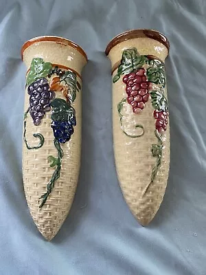 Buy Wall Pocket Vases Made In Japan Set Of Two Beige Basketweave & Grapes And Vine • 38.60£