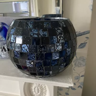 Buy Blue Mosaic Glass Vase/Candleholder - 14cm Tall X 16cm Wide • 5£