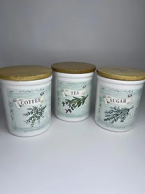 Buy T G GREEN Ceramic Cloverleaf Pottery Tea / Coffee / Sugar Jars With Wooden Lids • 35£