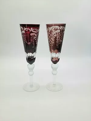 Buy Bohemian Czech Cut To Clear Plum/ Ruby Red Champagne Flutes  • 55.98£
