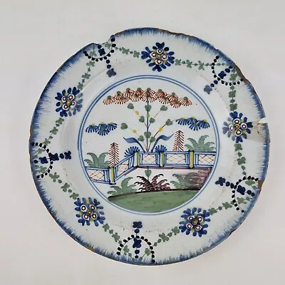 Buy Antique 18th Century Delft Pottery Plate With Polychrome Decoration 19.8cm A/F • 79£