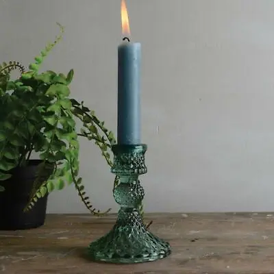 Buy Green Glass Harlequin Candlestick Vintage Dinner Taper Candle Holder, 8x10cm • 8£
