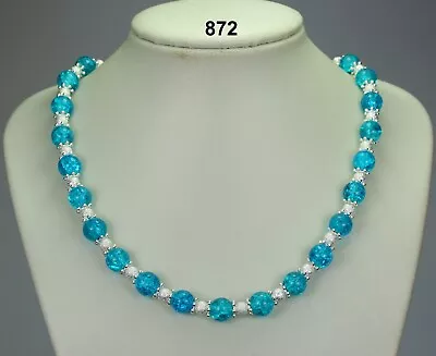 Buy Vivid Blue Glass Crackle Bead Silver Stardust Ball Snowflake Necklace 18.5 +2 • 4.50£