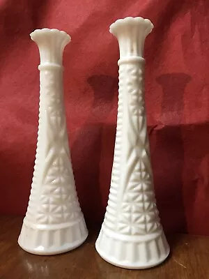 Buy Pair Milk Glass Bud Vases X 2 Antique Anchor Hocking Stars And Bars Candlesticks • 9.99£