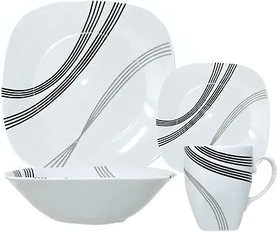Buy 16-Piece Dinner Set Striped Crockery Porcelain Square Plates Bowls Mugs For 4 • 49.99£