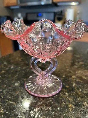 Buy Vtg Fenton Ruffled Rim Pink Cabbage Rose Heart Stem Pedestal Candy Dish Bowl  • 28.44£