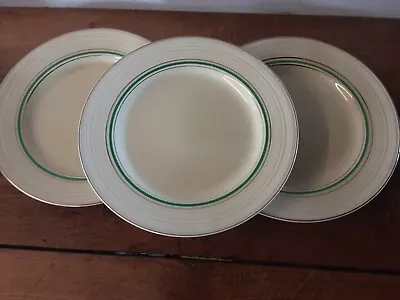 Buy 3x Vintage Crown Ducal  Dinner  Salad  Plates 23cm Green & Gold Stripe On Yellow • 5£