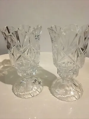 Buy Set Of 2 Vintage Cut Glass Scalloped Crystal Candle Holders Hurricane Lamps 7” • 28.77£