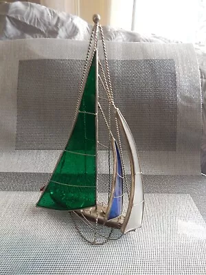 Buy VINTAGE STAINED GLASS & Metal Sailing Yacht/Boat Ornament Blue &Green Decorative • 5£